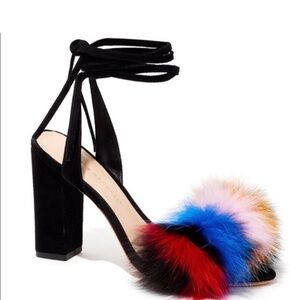 LOEFFLER RANDAL Nicolette Black Suede Fox Fur Multicolor Lace-Up Heel Size 8.5